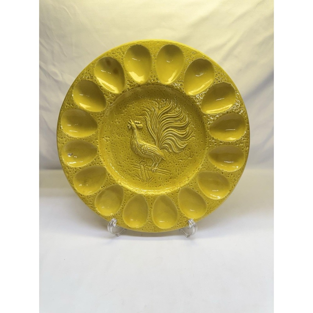 VTG California Pottery Rooster Chicken Deviled Egg Plate Platter #1069 Yellow